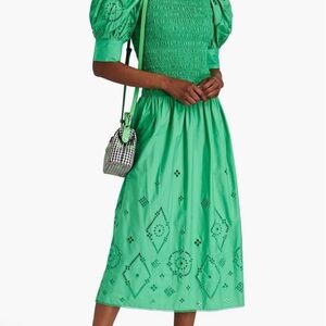 Ganni Broderie Anglaise Smocked Madi Dress. Kelly Green Size Fits XS and S